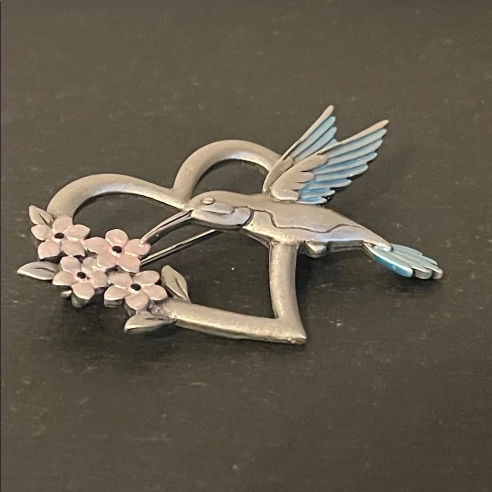 🍄Vintage JJ Jonette Pewter Blue Hummingbird Pink Floral Heart Brooch - Picture 7 of 8